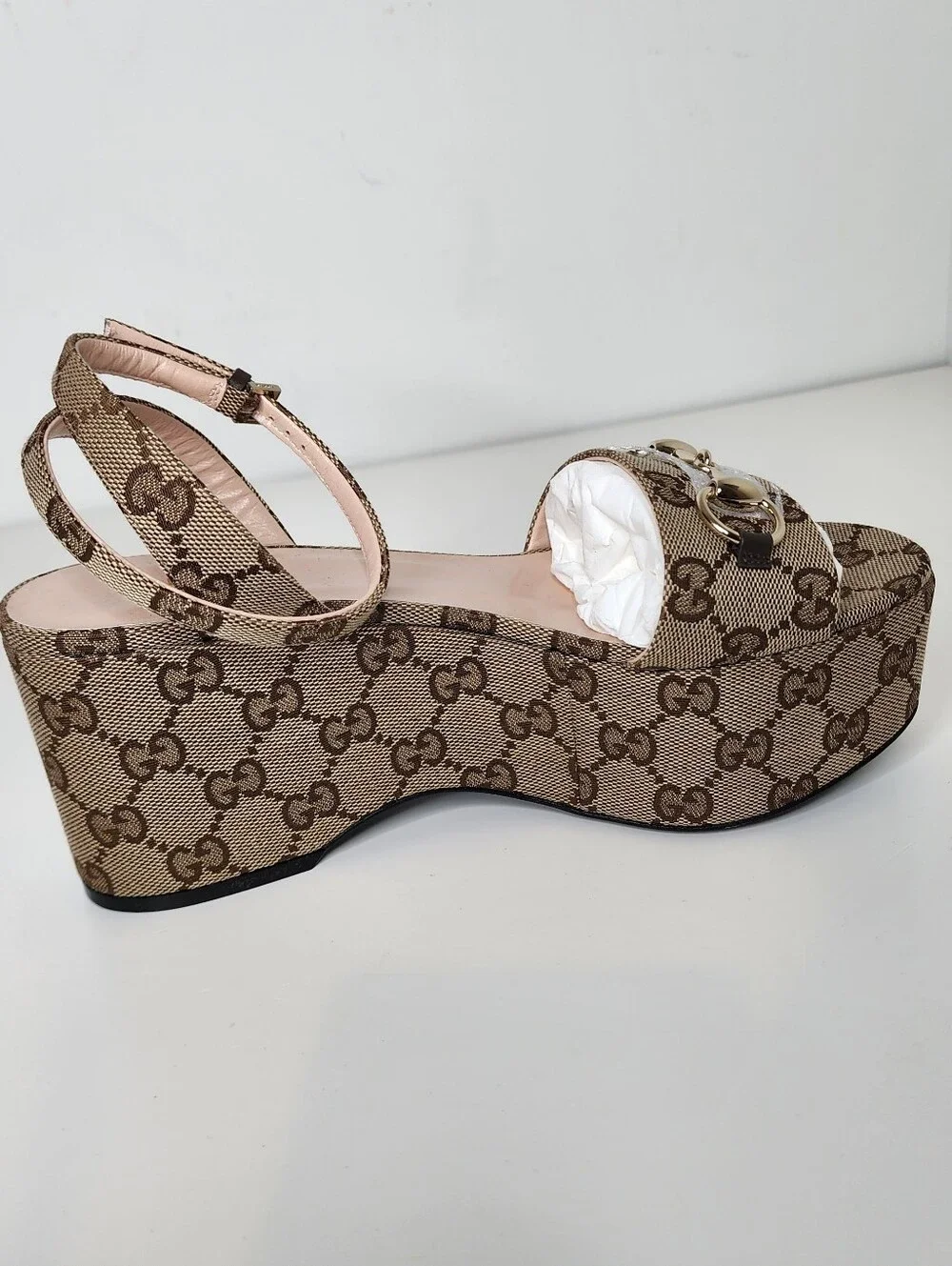 Gucci Lady Horsebit Tan Monogram Platform Wedges Sandals Size 36